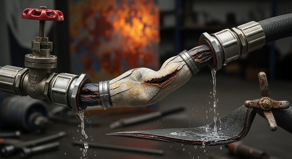 Close-up de uma tubulação industrial severamente danificada. Uma mangueira de borracha apresenta uma grande rachadura e deformação (bolha), resultando em um vazamento visível de água. O sistema está conectado a uma válvula de metal com volante vermelho. Ao fundo, um borrão de chamas ou calor intenso sugere um ambiente de alta pressão ou temperatura, evidenciando a necessidade urgente de manutenção.