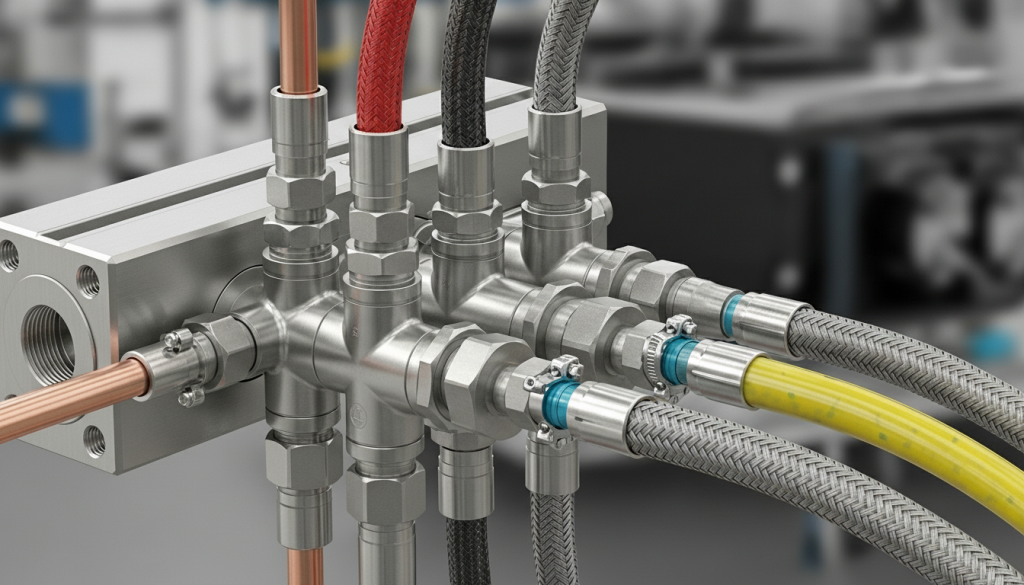 Uma visão em close-up de um sistema hidráulico industrial de alta precisão. Várias mangueiras de malha de aço e borracha colorida (vermelha, amarela, azul e preta) estão conectadas a um bloco de distribuição de aço inoxidável através de conexões rosqueadas e braçadeiras metálicas. A imagem destaca a organização e o design técnico de um sistema de automação ou controle de fluidos em um ambiente de fábrica limpo.